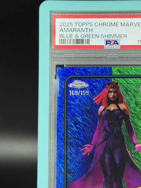 2025 Topps Chrome Marvel Amaranth 1st Appearance Blue & Green Shimmer 169/199 PSA 9 MINT