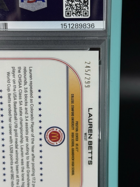 2022 Topps Chrome McDonald's All-American Lauren Betts Purple Lava Refractor 245/299 PSA 10 GEM MINT