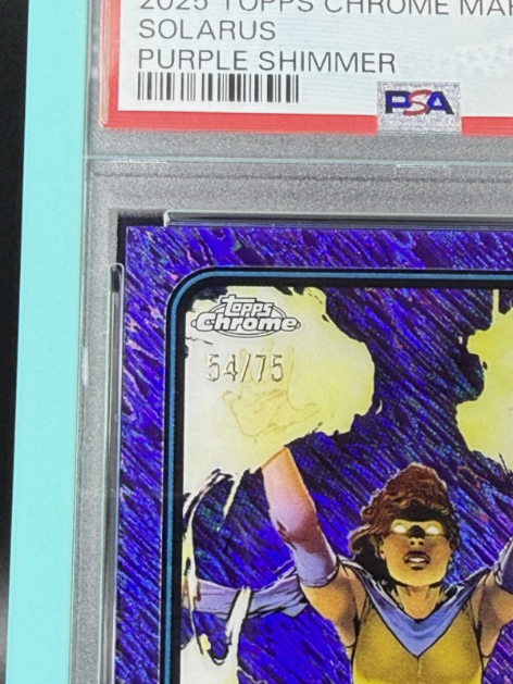 2025 Topps Chrome Marvel Solarus 1st Appearance Purple Shimmer 54/75 PSA 7 NM