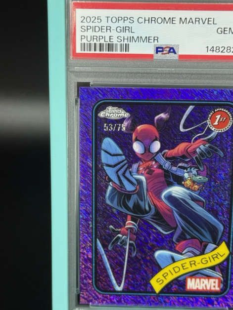 2025 Topps Chrome Marvel Spider-Girl 1st Appearance Purple Shimmer 53/75 PSA 10 GEM MINT