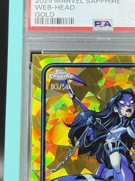 2025 Topps Chrome Marvel Sapphire Web-Head 1st Appearance Gold 03/50 PSA 8.5 NM-MT+