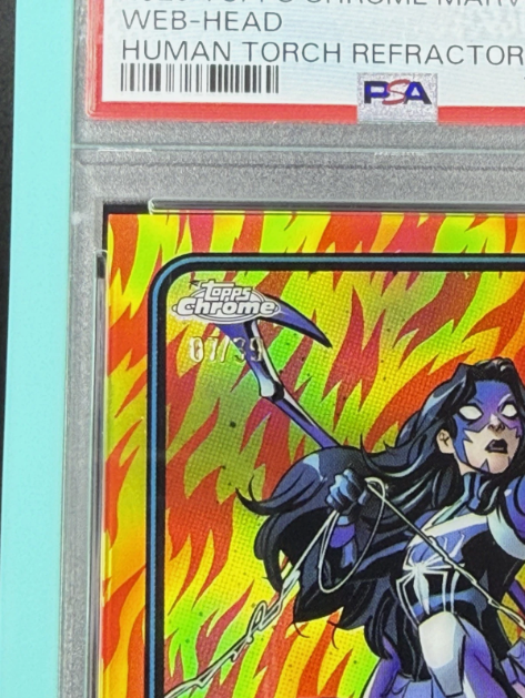 2025 Topps Chrome Marvel Web-Head 1st Appearance Human Torch Refractor 07/39 PSA 8 NM-MT