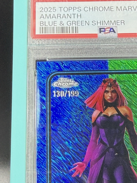 2025 Topps Chrome Marvel Amaranth 1st Appearance Blue & Green Shimmer 130/199 PSA 9 MINT