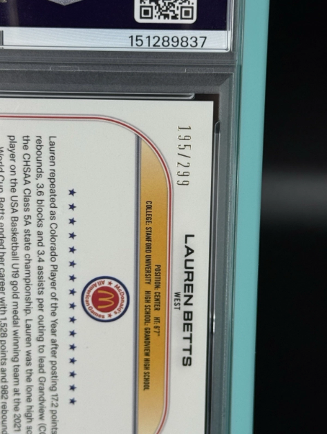 2022 Topps Chrome McDonald's All-American Lauren Betts Purple Lava Refractor 195/299 PSA 10 GEM MINT