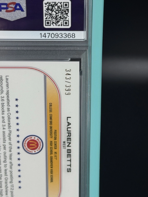 2022 Topps Chrome McDonald's All-American Lauren Betts Lava Refractor 343/399 PSA 10 GEM MINT