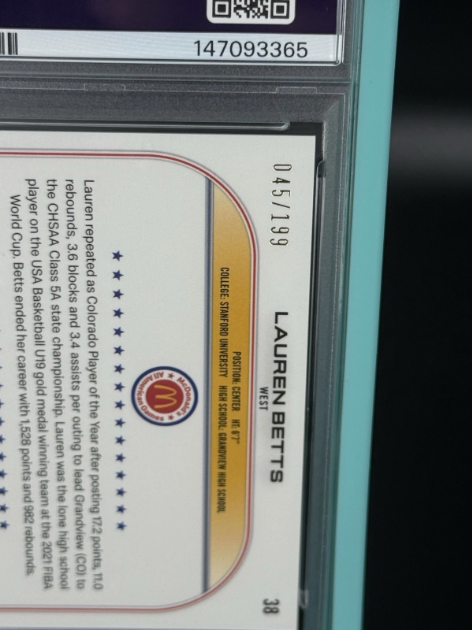 2022 Topps Chrome McDonald's All-American Lauren Betts Aqua Wave 045/199 PSA 9 MINT
