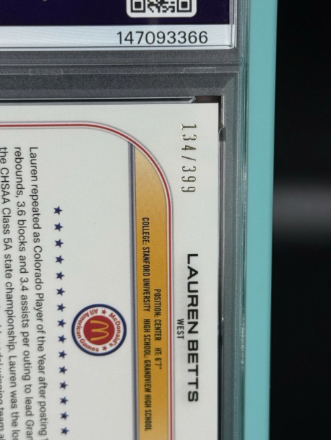 2022 Topps Chrome McDonald's All-American Lauren Betts Lava Refractor 134/399 PSA 9 MINT