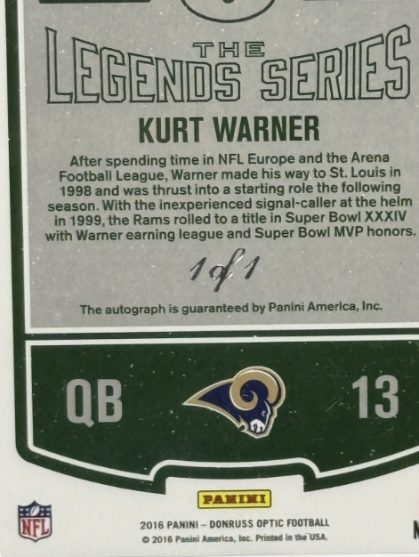2016 Panini Donruss Optic Kurt Warner The Legend Series Auto Gold Vinyl 1/1 PSA 9 MINT AUTO 10