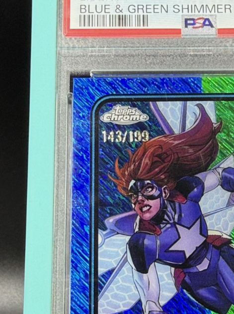 2025 Topps Chrome Marvel Liberty 1st Appearance Blue & Green Shimmer 143/199 PSA 9 MINT