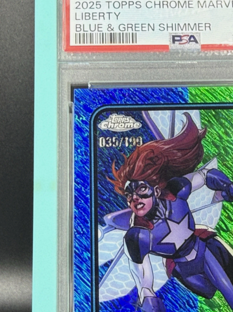 2025 Topps Chrome Marvel Liberty 1st Appearance Blue & Green Shimmer 035/199 PSA 9 MINT