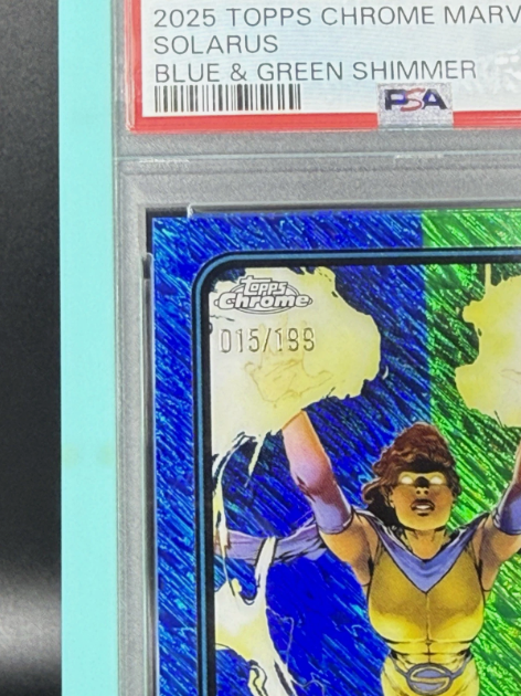 2025 Topps Chrome Marvel Solarus 1st Appearance Blue & Green Shimmer 015/199 PSA 8 NM-MT