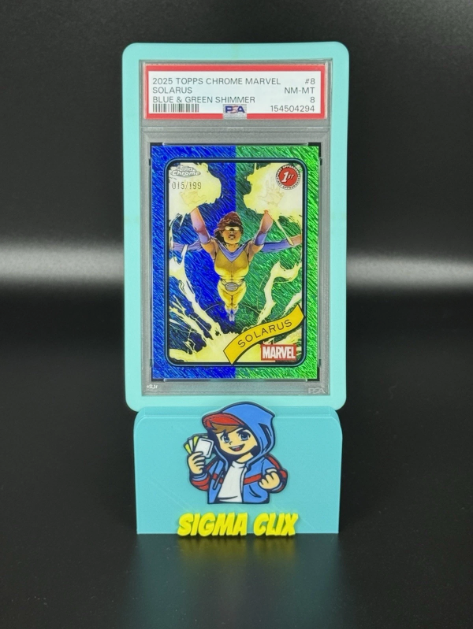 2025 Topps Chrome Marvel Solarus 1st Appearance Blue & Green Shimmer 015/199 PSA 8 NM-MT