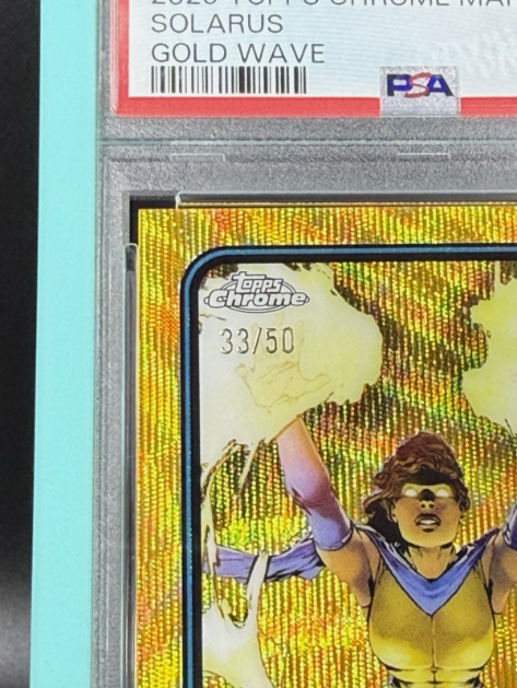 2025 Topps Chrome Marvel Solarus 1st Appearance Gold Wave 33/50 PSA 7 NM