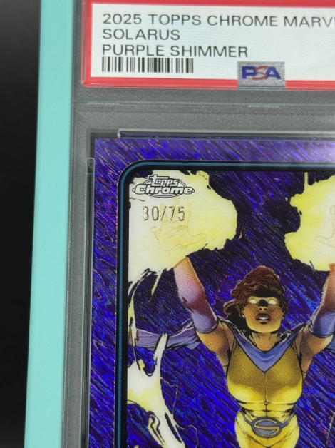 2025 Topps Chrome Marvel Solarus 1st Appearance Purple Shimmer 30/75 PSA 7 NM