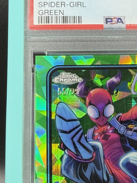 2025 Topps Chrome Marvel Sapphire Spider-Girl 1st Appearance Green 55/99 PSA 8 NM-MT