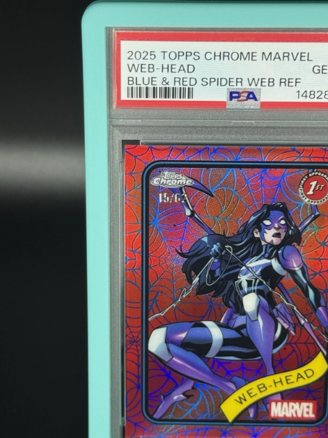 2025 Topps Chrome Marvel Web-Head 1st Appearance Blue & Red Spider Web Refractor 15/62 PSA 10 GEM MINT